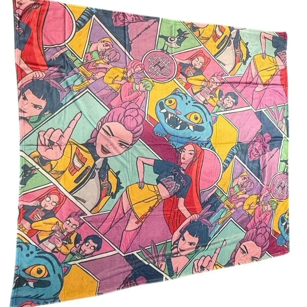 KPop Demon Hunters Throw Blanket 51x57 Rumi Mira Zoey Jinu Derpy Plush